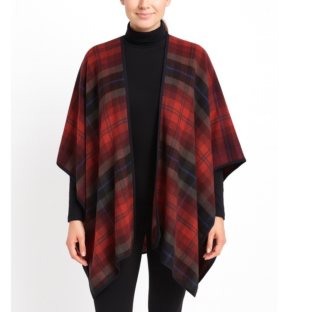 Old NavynRed Plaid Wool Blend Open Front Poncho Wrap Cape M L Vintage Chic 63-01